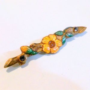 Antique Art Nouveau Enamel and Rhinestone Floral Bar Pin